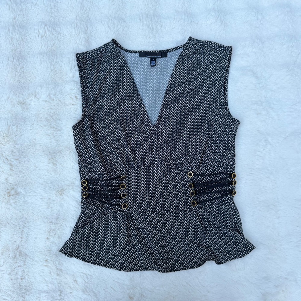 White House Black Market Black White Dot Peplum V-Neck Top Gold Button Detail S